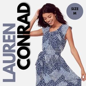 LC Lauren Conrad Blue Mix Print Floral Pleated Waist Tie Dress Size M